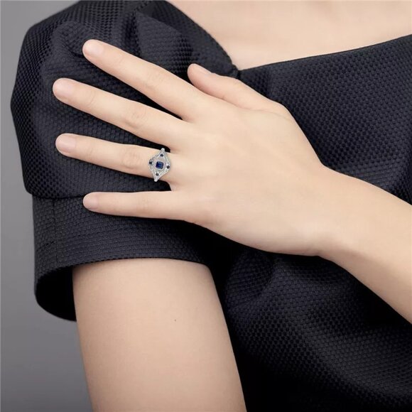 New Womens Blue Sapphire & Diamond CZ Ring Sz 10 - Picture 2 of 4